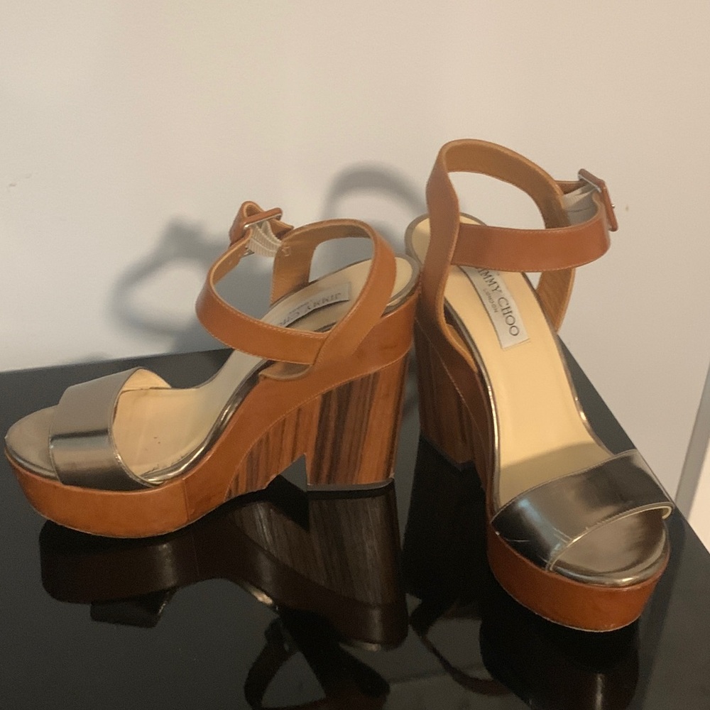 Jimmy Choo Tan Leather & Metallic Silver Platform Sandals